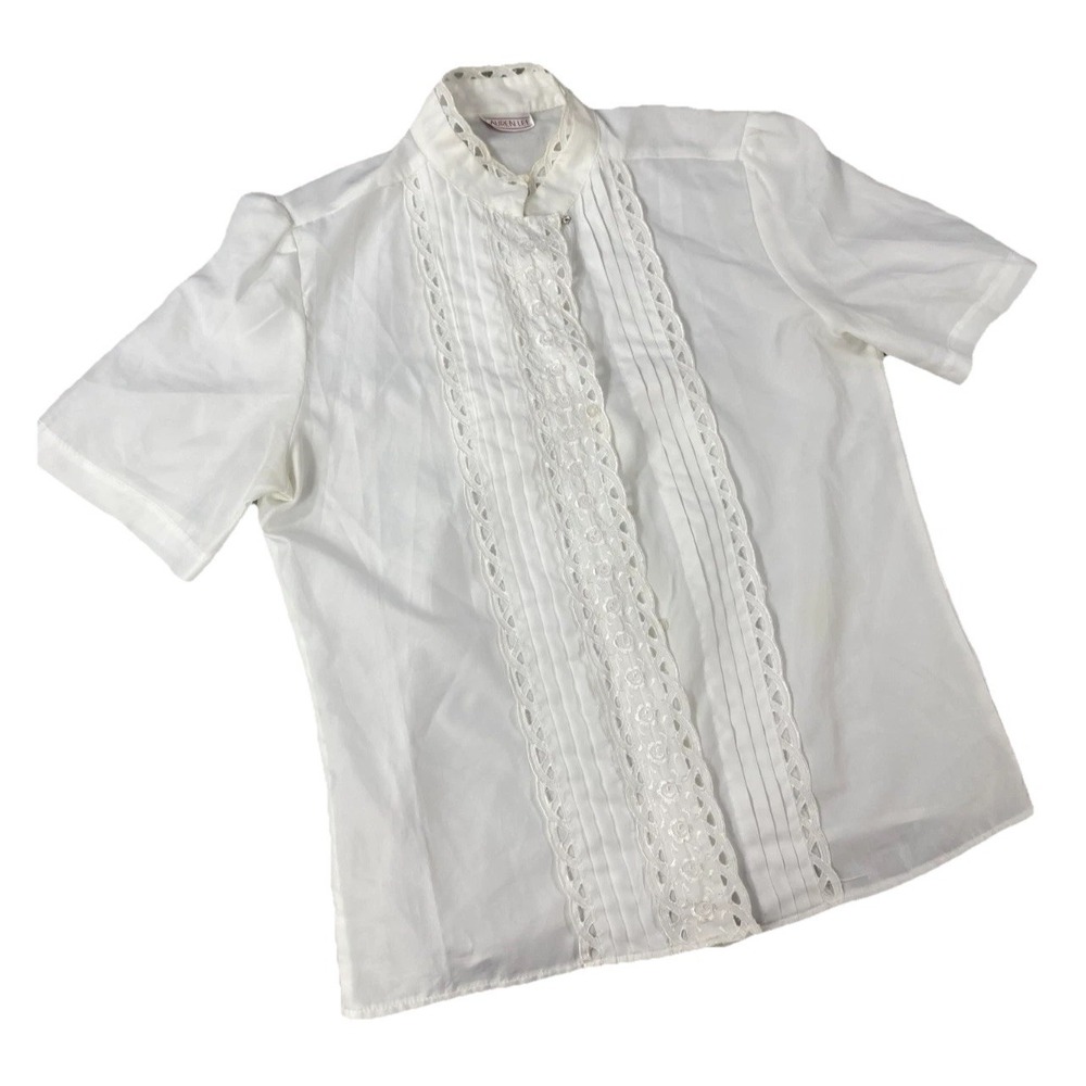 Vintage 80s Lauren Lee Blouse Women Large Short Sleeve Off White Cream Victorian